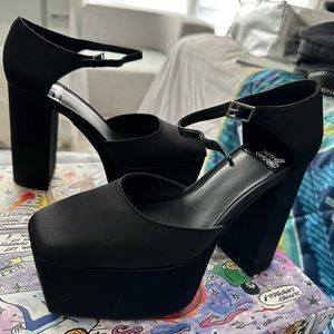 Jefferey Campbell black satin platform shoes